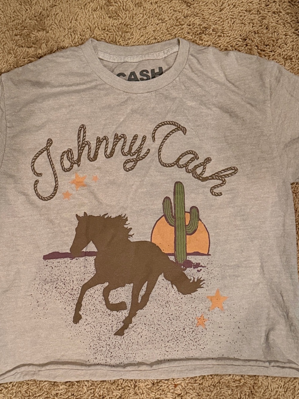 Johnny Cash Women's Light Gray/Tan Graphic Tee - Western Horse & Cactus